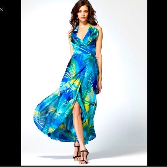 Cache Tropical Wrap, Sexy Blue, Green, Yellow MAXI DRESS Size S - Picture 2 of 14
